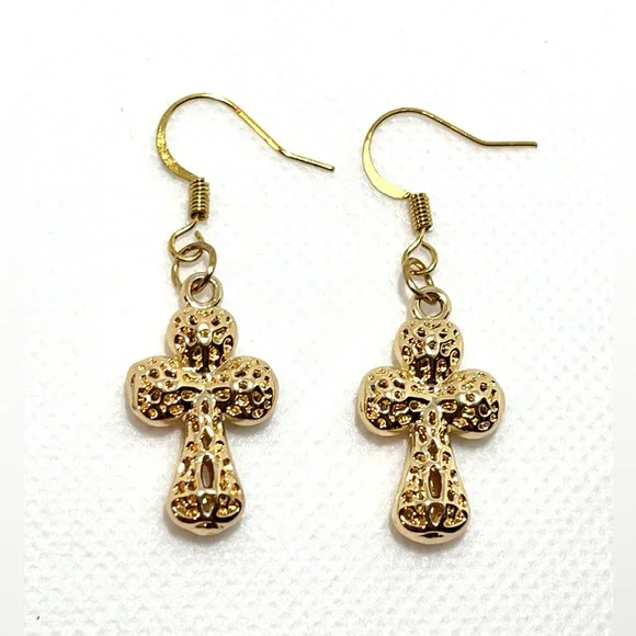 NWT Gold Cross Earrings Drop Dangle Textured 3D 18k gold plated hook boutique - Picture 7 of 10